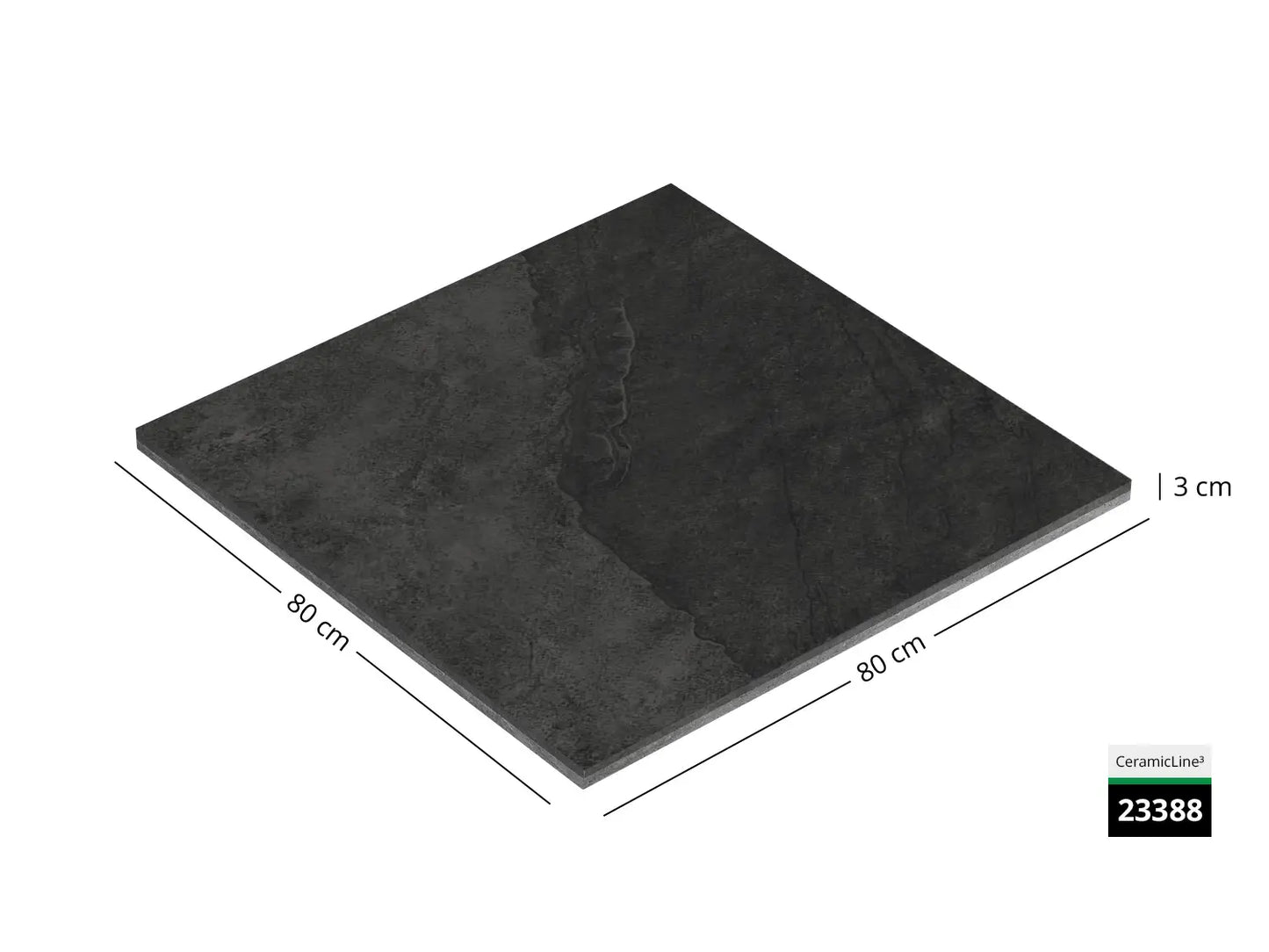 Saubere Schnittkante der 80x80 Terrassenplatte in anthraziter Natursteinoptik von Woehe & Heydemann mit feinkörniger Oberfläche  