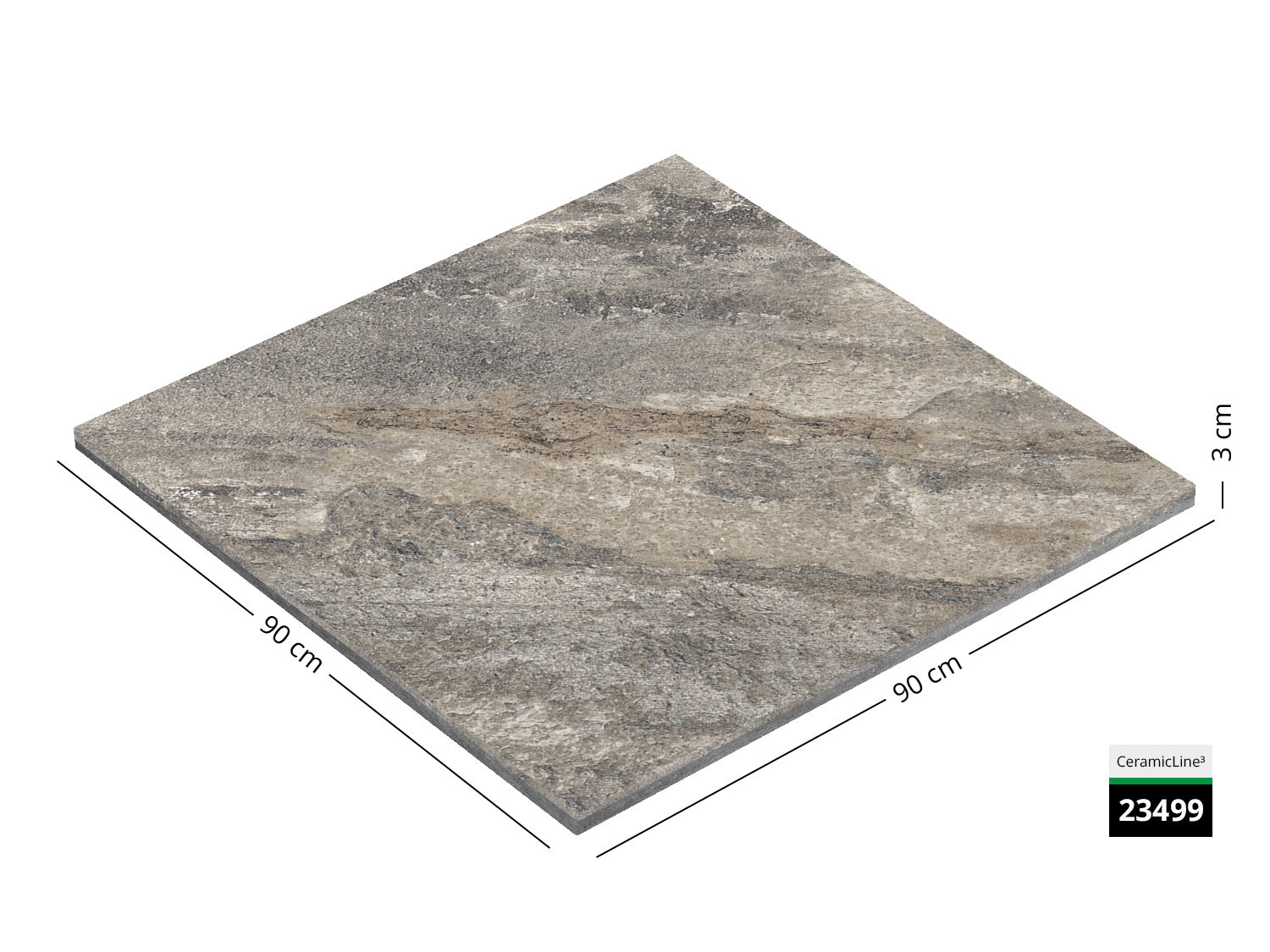 Saubere Schnittkante der 90x90 Terrassenplatte in beiger Natursteinoptik von Woehe & Heydemann mit feinkörniger Oberfläche  