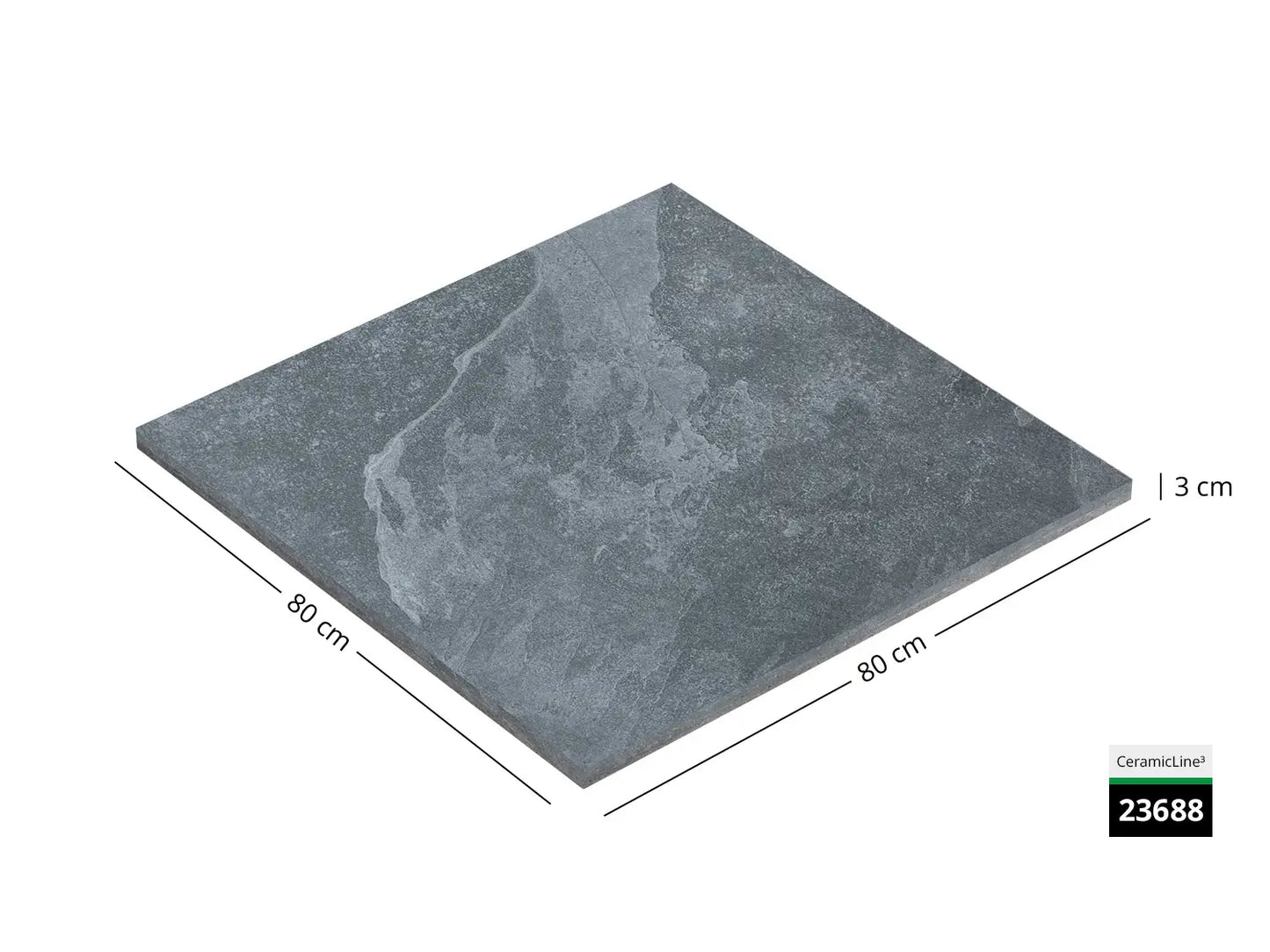 Saubere Schnittkante der 80x80 Terrassenplatte in grauer Natursteinoptik von Woehe & Heydemann mit feinkörniger Oberfläche  