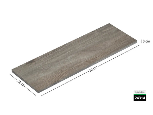 Saubere Schnittkante der 80x40 Terrassenplatte in brauner Holzoptik von Woehe & Heydemann mit Holz Oberfläche  