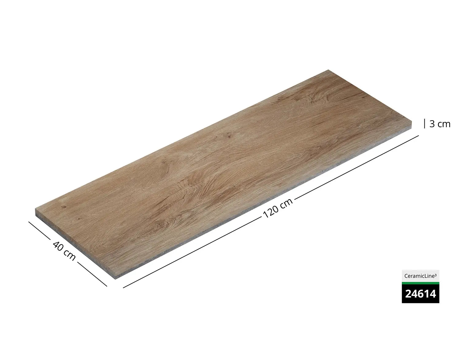 Saubere Schnittkante der 120x40 Terrassenplatte in beige/brauner Holzoptik von Woehe & Heydemann mit feinkörniger Oberfläche  