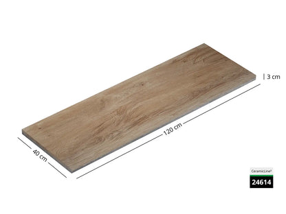 Saubere Schnittkante der 120x40 Terrassenplatte in beige/brauner Holzoptik von Woehe & Heydemann mit feinkörniger Oberfläche  