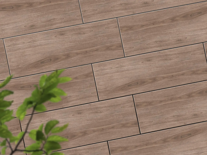 Verlegte CeramicLine³-Platten in braun von Woehe & Heydemann in 120x40 – Holz-Optik mit harmonischer Linienführung 