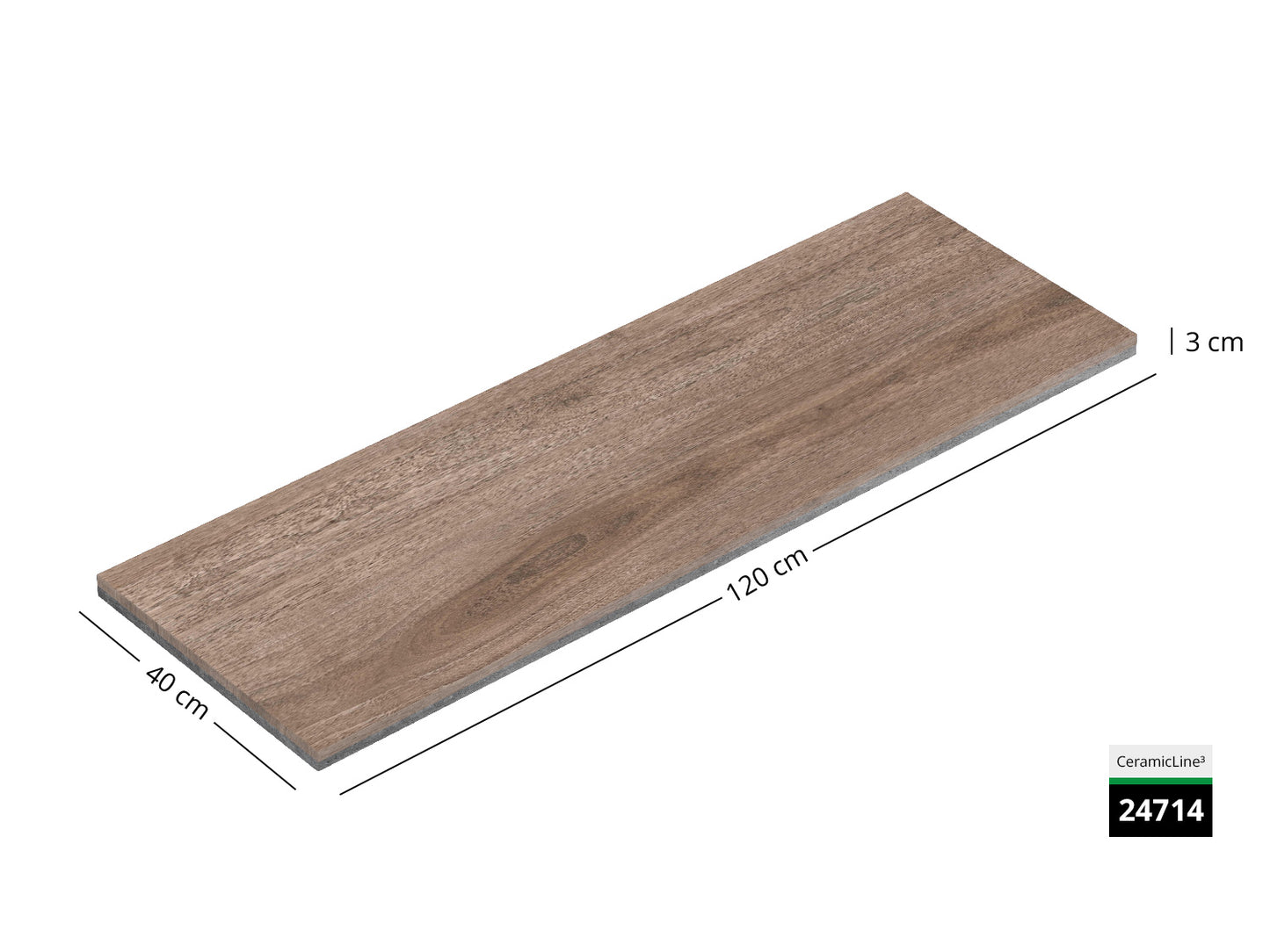 Saubere Schnittkante der 120x40 Terrassenplatte in brauner Holzoptik von Woehe & Heydemann mit Holz Oberfläche  