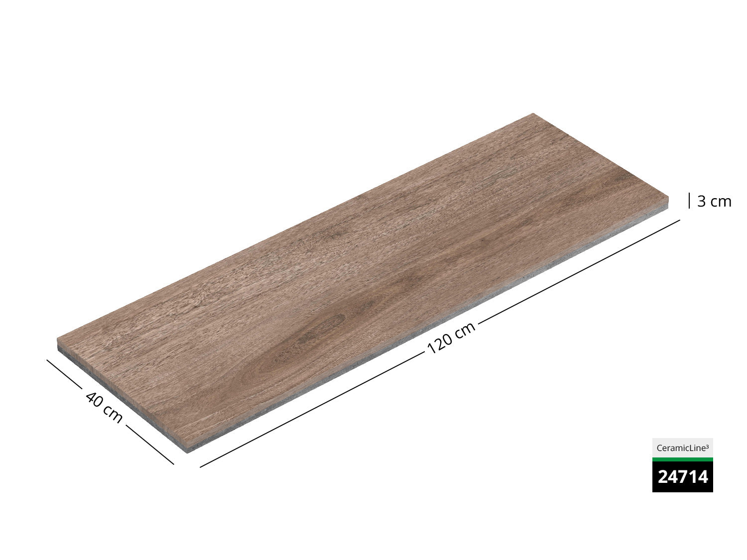 Saubere Schnittkante der 120x40 Terrassenplatte in brauner Holzoptik von Woehe & Heydemann mit Holz Oberfläche  