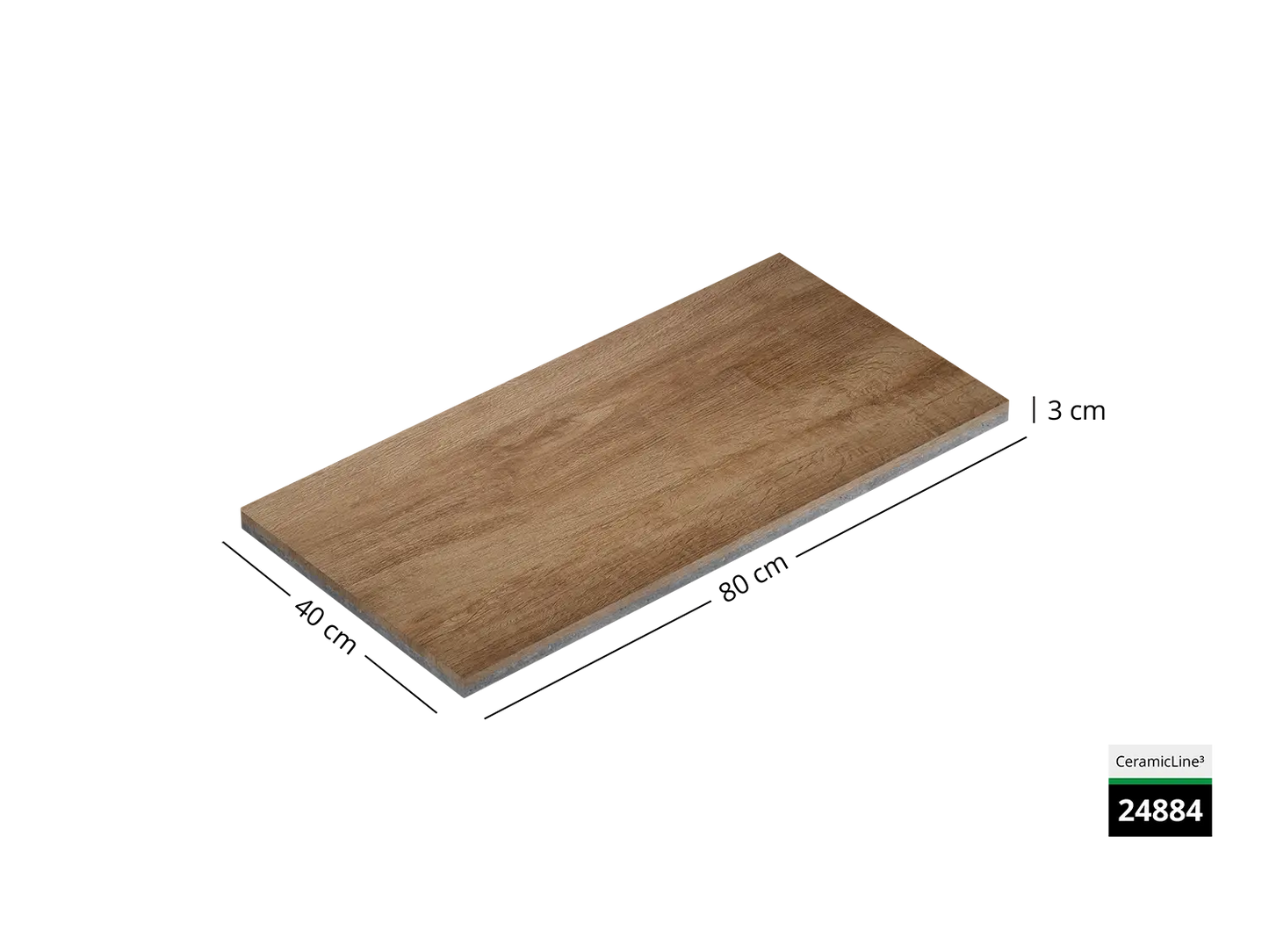 Saubere Schnittkante der 80x40 Terrassenplatte in brauner Holzoptik von Woehe & Heydemann mit Holz Oberfläche  