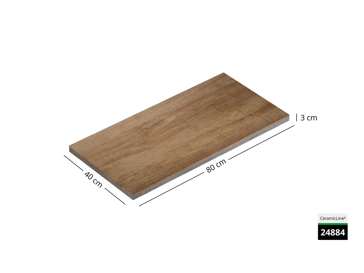 Saubere Schnittkante der 80x40 Terrassenplatte in brauner Holzoptik von Woehe & Heydemann mit Holz Oberfläche  