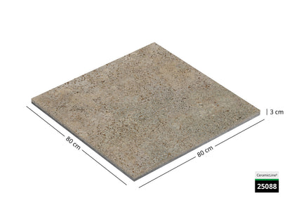 Saubere Schnittkante der 80x80 Terrassenplatte in beiger Natursteinoptik von Woehe & Heydemann mit feinkörniger Oberfläche  