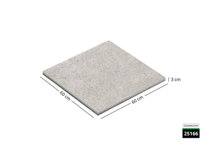 Saubere Schnittkante der 60x60 Terrassenplatte in beiger Muschelkalkoptik von Woehe & Heydemann mit feinkörniger Oberfläche  