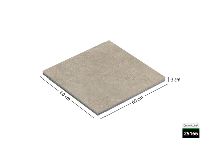 Saubere Schnittkante der 60x60 Terrassenplatte in beiger Muschelkalkoptik von Woehe & Heydemann mit feinkörniger Oberfläche  