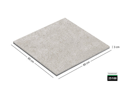 Saubere Schnittkante der 80x80 Terrassenplatte in beiger Muschelkalkoptik von Woehe & Heydemann mit feinkörniger Oberfläche  