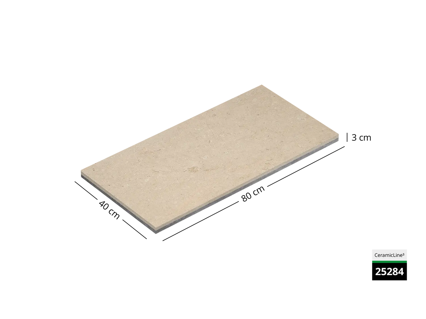 Saubere Schnittkante der 40x80 Terrassenplatte in beiger Naturstein-Optik von Woehe & Heydemann mit keramischer Oberfläche