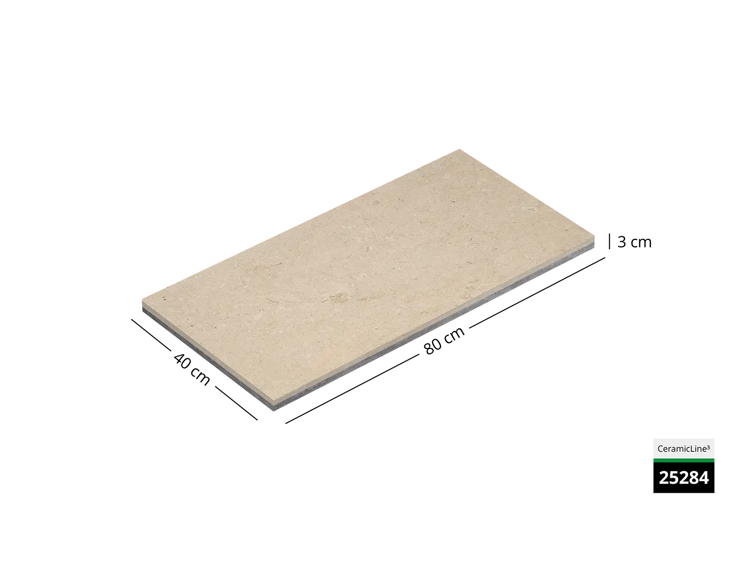 Saubere Schnittkante der 40x80 Terrassenplatte in beiger Naturstein-Optik von Woehe & Heydemann mit keramischer Oberfläche