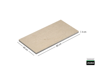 Saubere Schnittkante der 40x80 Terrassenplatte in beiger Naturstein-Optik von Woehe & Heydemann mit keramischer Oberfläche