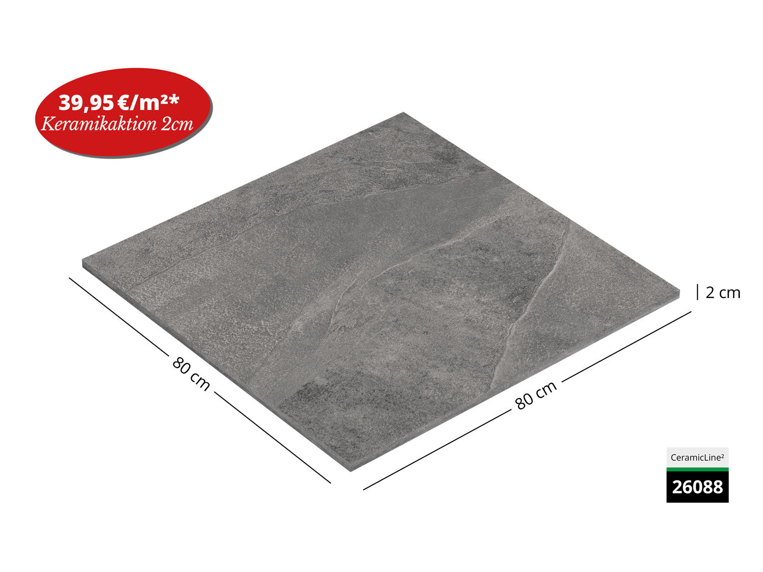 CeramicLine² Terrassenplatte in grauer Naturstein-Optik in 60x60cm von Woehe & Heydemann zum Aktionspreis