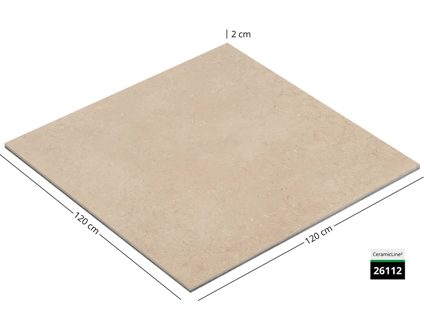 Saubere Schnittkante der 120x120 Terrassenplatte in beiger Naturstein-Optik von Woehe & Heydemann mit keramischer Oberfläche