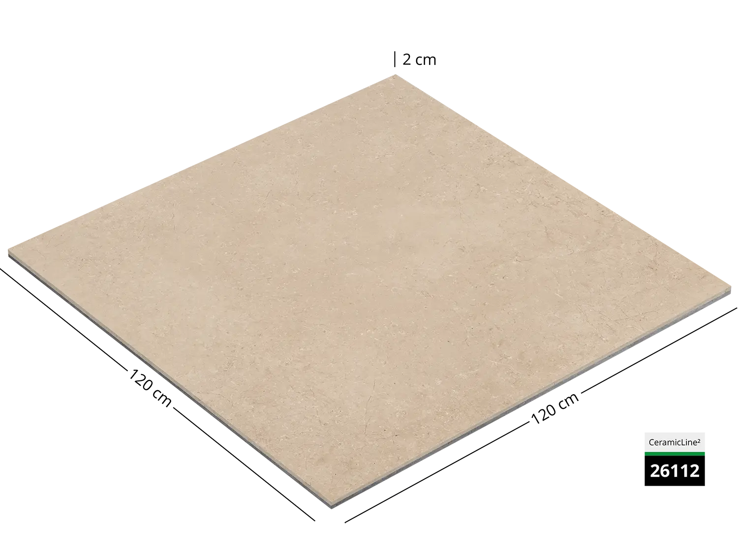 Saubere Schnittkante der 120x120 Terrassenplatte in beiger Naturstein-Optik von Woehe & Heydemann mit keramischer Oberfläche