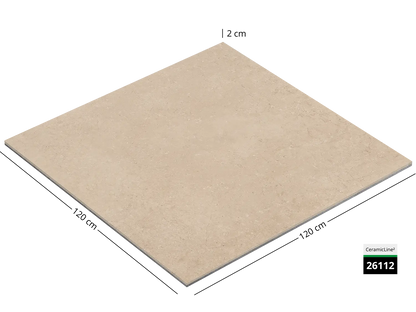 Saubere Schnittkante der 120x120 Terrassenplatte in beiger Naturstein-Optik von Woehe & Heydemann mit keramischer Oberfläche