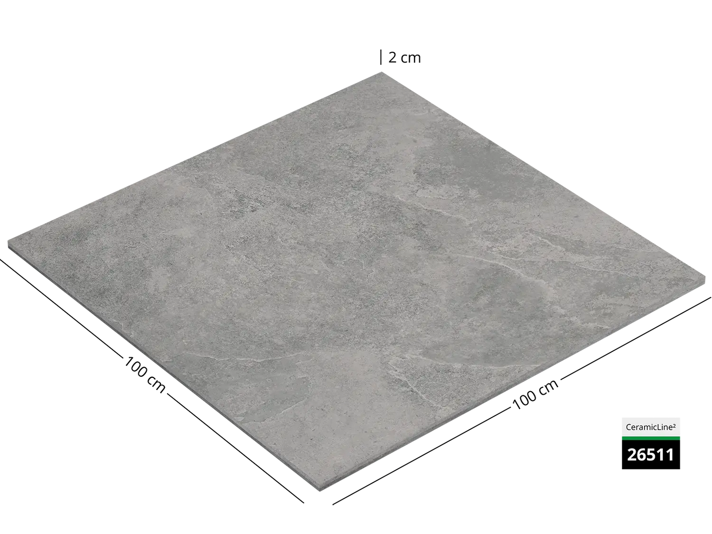 Saubere Schnittkante der 100x100 Terrassenplatte in grauer Naturstein-Optik von Woehe & Heydemann mit feinkörniger Oberfläche 