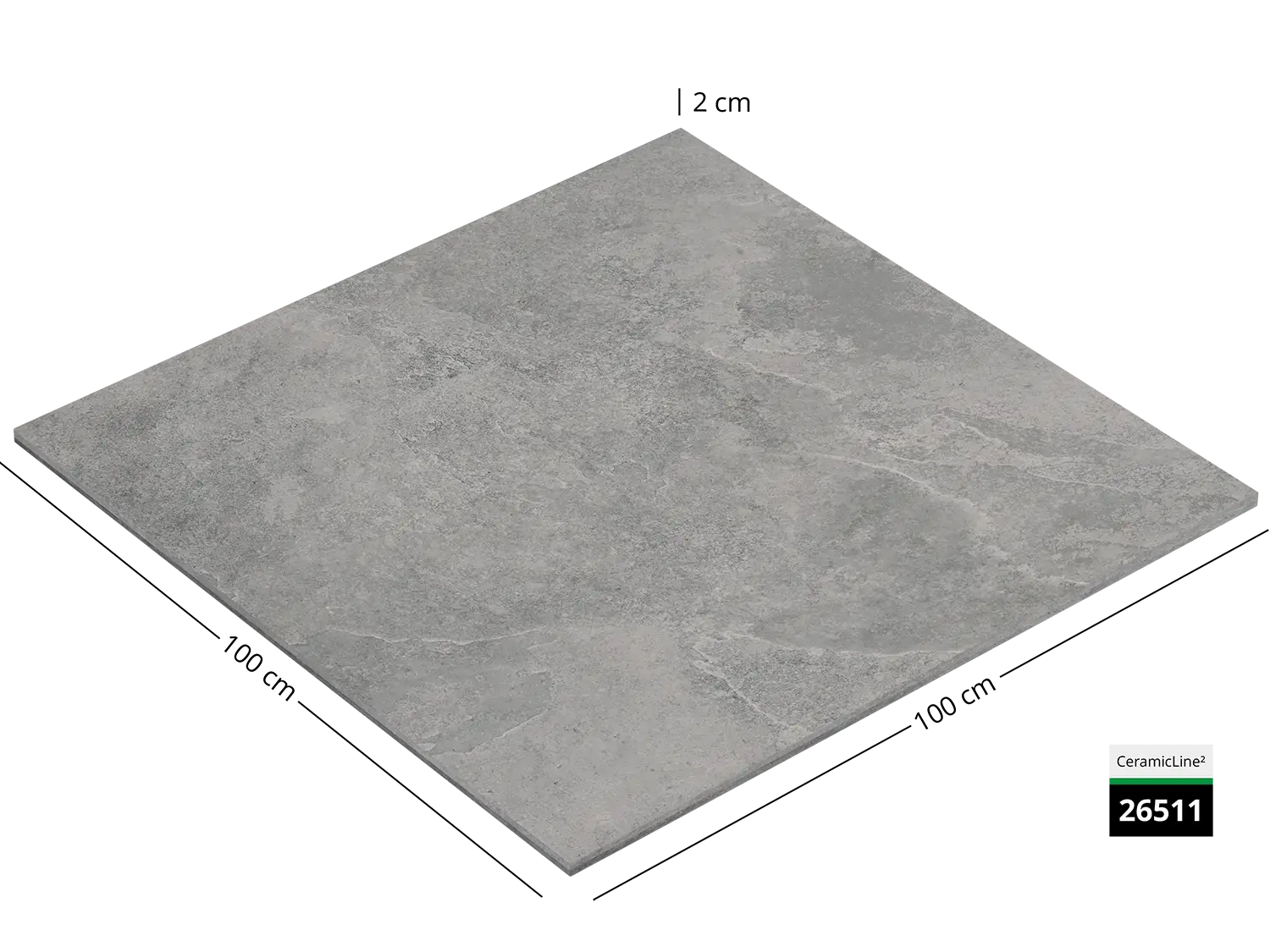 Saubere Schnittkante der 100x100 Terrassenplatte in grauer Naturstein-Optik von Woehe & Heydemann mit feinkörniger Oberfläche 