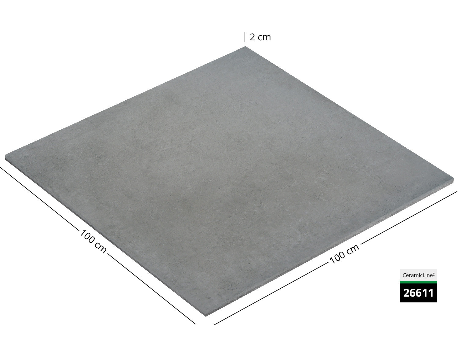 Saubere Schnittkante der 100x100 Terrassenplatte in grauer Natursteinoptik von Woehe & Heydemann mit feinkörniger Oberfläche 