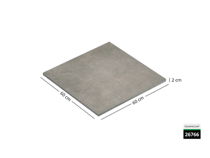 Saubere Schnittkante der 60x60 Terrassenplatte in grauer Beton-Optik von Woehe & Heydemann mit keramischer Oberfläche