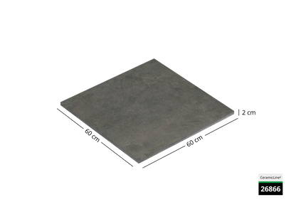 Saubere Schnittkante der 60x60 Terrassenplatte in anthraziter Beton-Optik von Woehe & Heydemann mit keramischer Oberfläche