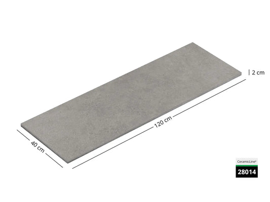 Saubere Schnittkante der 120x40 Terrassenplatte in grauer Natursteinoptik von Woehe & Heydemann mit Beton Oberfläche 