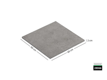 Saubere Schnittkante der 60x60 Terrassenplatte in grauer Natursteinoptik von Woehe & Heydemann mit Beton Oberfläche 