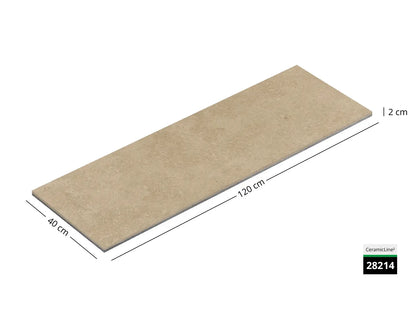 Saubere Schnittkante der 120x40 Terrassenplatte in beiger Natursteinoptik von Woehe & Heydemann mit Keramik Oberfläche 