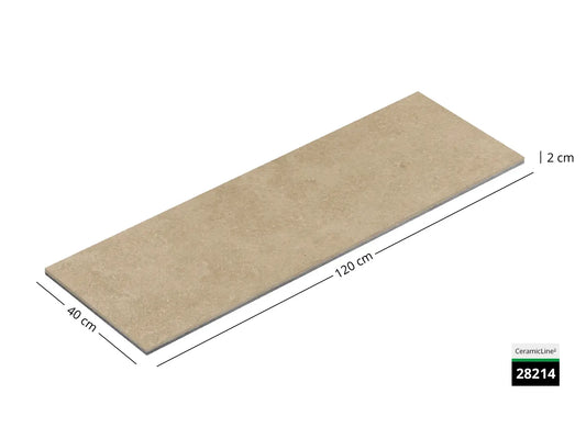 Saubere Schnittkante der 120x40 Terrassenplatte in beiger Natursteinoptik von Woehe & Heydemann mit Keramik Oberfläche 