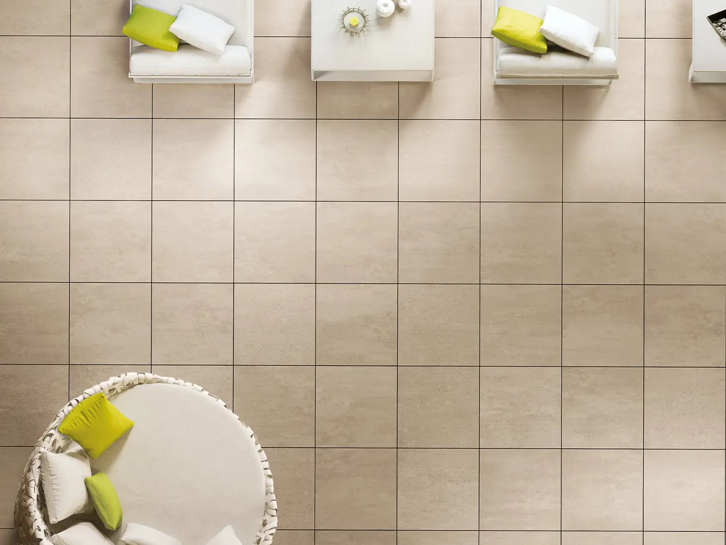 60x60 CeramicLine²-Terrassenplatten in beiger Natursteinoptik von Woehe & Heydemann verlegt auf einer modernen Dachterrasse 