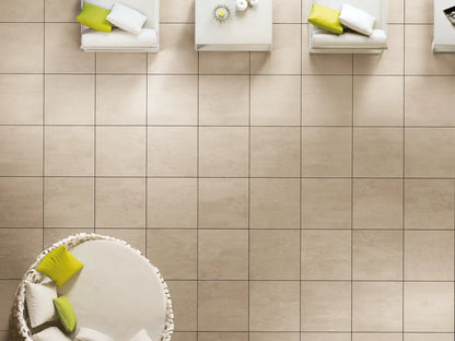 60x60 CeramicLine²-Terrassenplatten in beiger Natursteinoptik von Woehe & Heydemann verlegt auf einer modernen Dachterrasse 