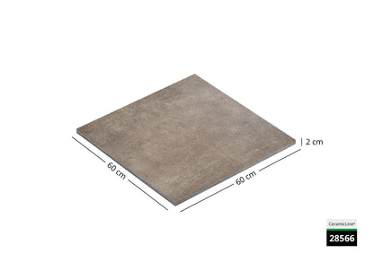 Saubere Schnittkante der 60x60 Terrassenplatte in beiger Betonoptik von Woehe & Heydemann mit feinkörniger Oberfläche