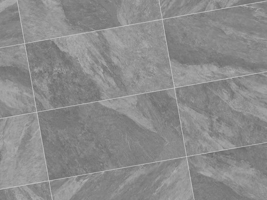 120x60 CeramicLine²-Terrassenplatten in grauer Natursteinoptik von Woehe & Heydemann verlegt auf einer modernen Terrasse 