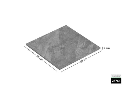 Saubere Schnittkante der 60x60 Terrassenplatte in grauer Natursteinoptik von Woehe & Heydemann mit feinkörniger Oberfläche  