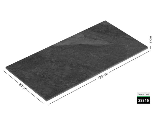 Saubere Schnittkante der 120x60 Terrassenplatte in grauer Natursteinoptik von Woehe & Heydemann mit feinkörniger Oberfläche  