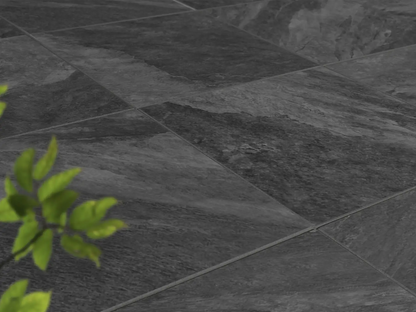 Verlegte CeramicLine²-Platten in grau von Woehe & Heydemann in 60x60 – Naturstein-Optik mit harmonischer Linienführung 