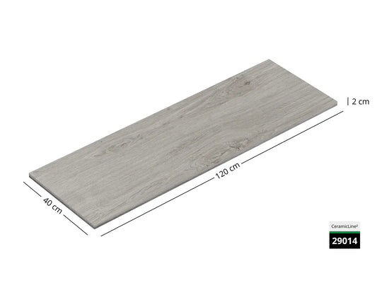 Saubere Schnittkante der 120x40 Terrassenplatte in grauer Holzoptik von Woehe & Heydemann mit feinkörniger Oberfläche  