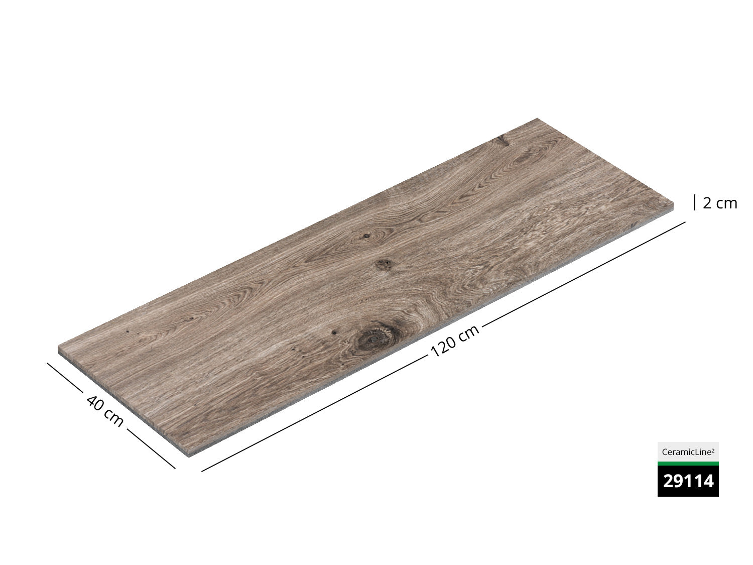 Saubere Schnittkante der 
120x40 Terrassenplatte in brauner Holzoptik von Woehe & Heydemann mit Holz Oberfläche  