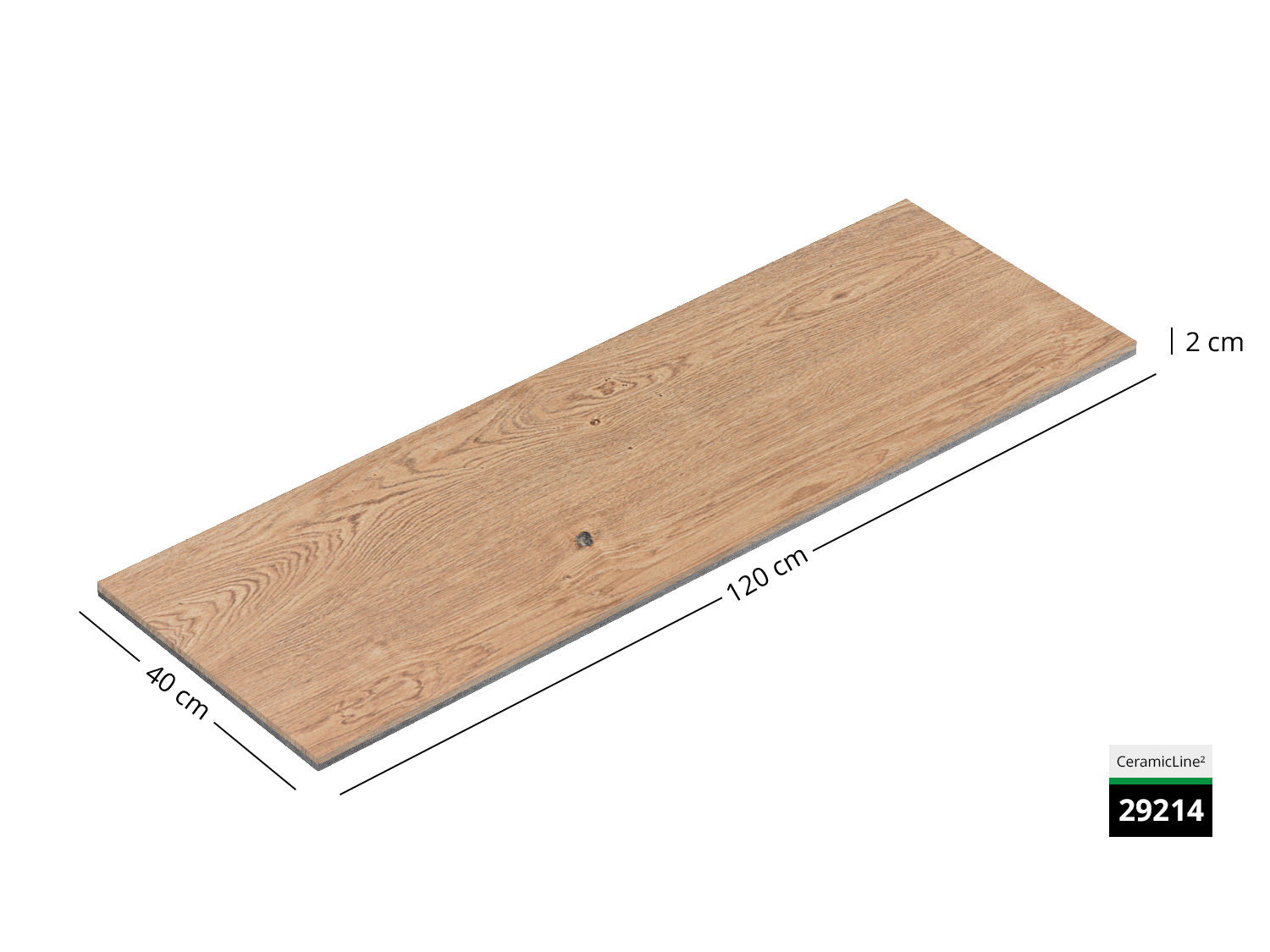 Saubere Schnittkante der 100x40 Terrassenplatte in beiger Holzoptik von Woehe & Heydemann mit Holz Oberfläche  
