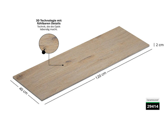 Saubere Schnittkante der 120x40 Terrassenplatte in beiger Holzoptik von Woehe & Heydemann mit Holz Oberfläche 