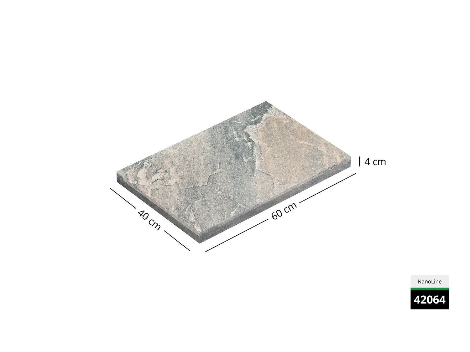 Saubere Schnittkante der 60x40 Terrassenplatte in grauer Natursteinoptik von Woehe & Heydemann mit feinkörniger Oberfläche  