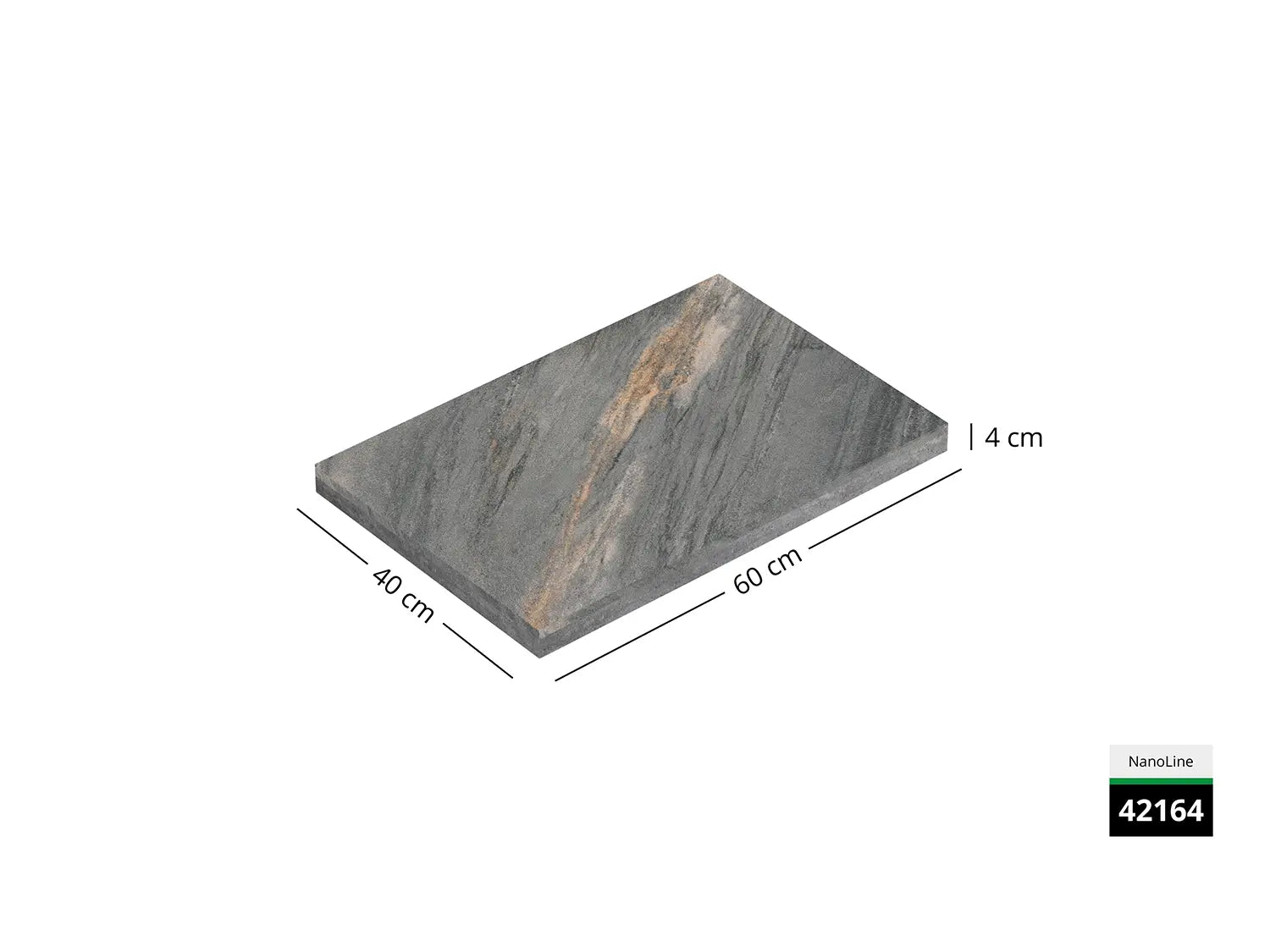 Saubere Schnittkante der 60x40 Terrassenplatte in grauer Natursteinoptik von Woehe & Heydemann mit feinkörniger Oberfläche  