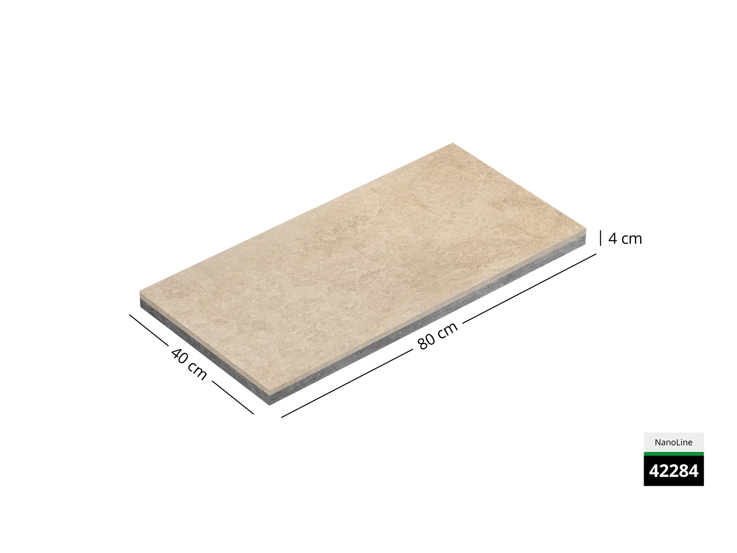 Saubere Schnittkante der 40x80 Terrassenplatte in beiger Naturstein-Optik von Woehe & Heydemann mit dekor-nanobeschichtet, feingestrahlter Oberfläche