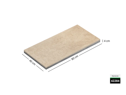 Saubere Schnittkante der 40x80 Terrassenplatte in beiger Naturstein-Optik von Woehe & Heydemann mit dekor-nanobeschichtet, feingestrahlter Oberfläche