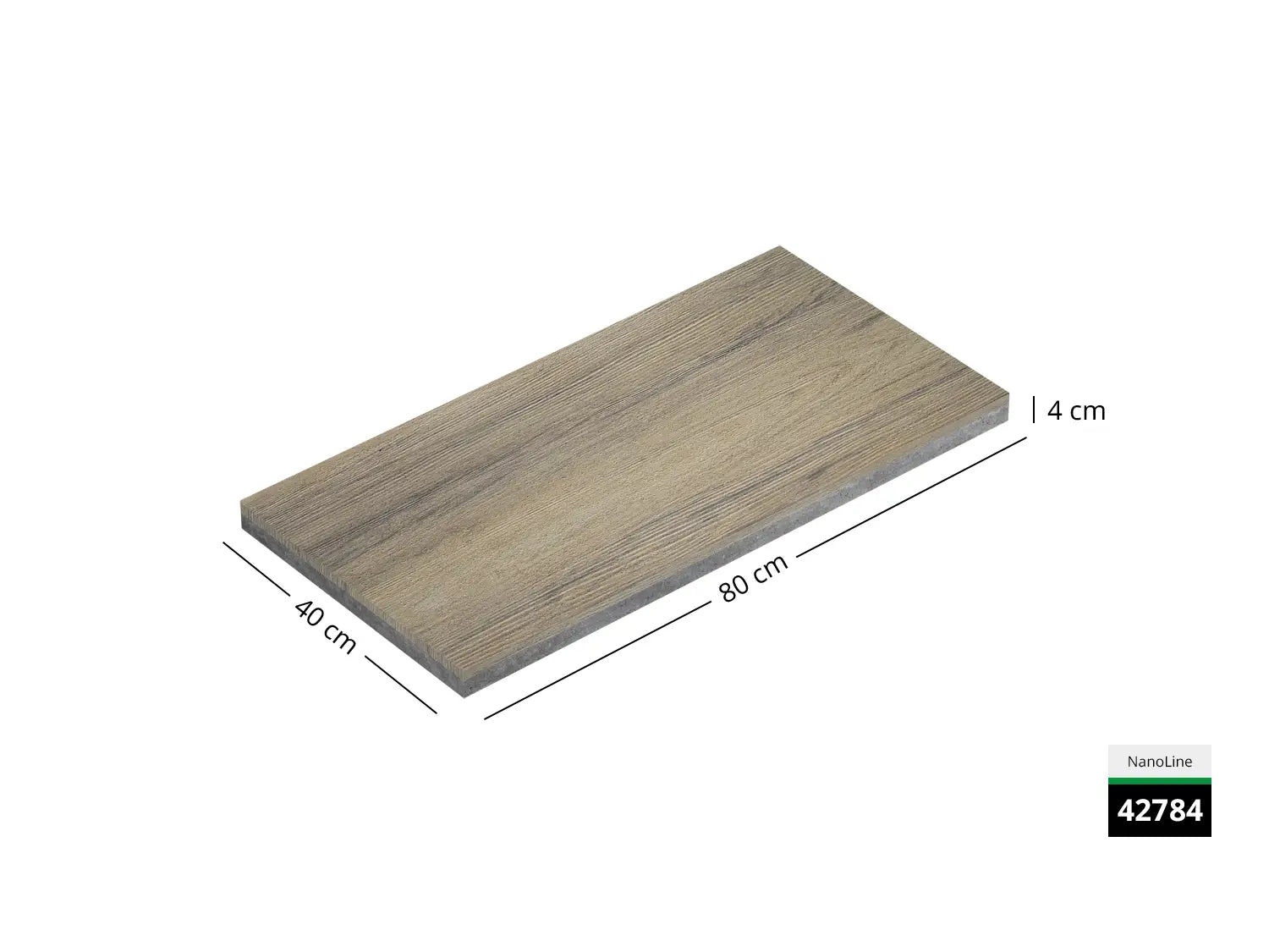 Saubere Schnittkante der 80x40 Terrassenplatte in beiger Holzoptik von Woehe & Heydemann mit Holz Oberfläche  