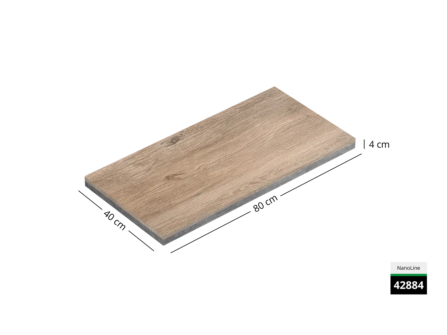Saubere Schnittkante der 40x80 Terrassenplatte in brauner Holz-Optik von Woehe & Heydemann mit dekor-nanobeschichtet, strukturiert, feingestrahlter Oberfläche