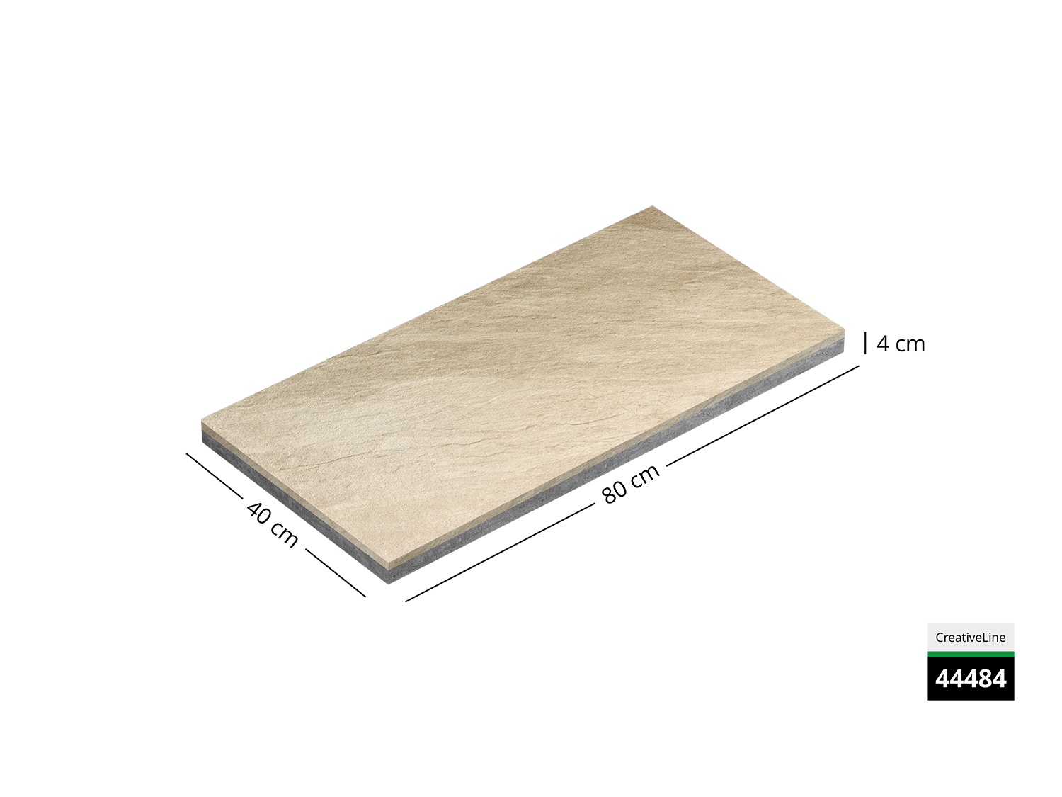 Saubere Schnittkante der 40x80 Terrassenplatte in beiger Naturstein-Optik von Woehe & Heydemann mit designbeschichtet, strukturierter Oberfläche