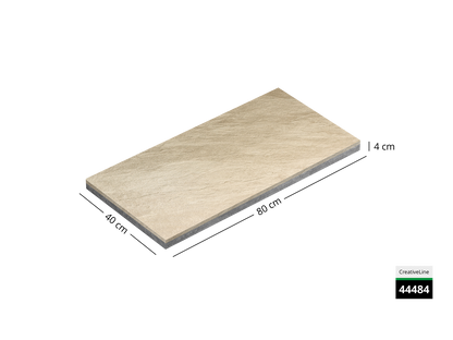 Saubere Schnittkante der 40x80 Terrassenplatte in beiger Naturstein-Optik von Woehe & Heydemann mit designbeschichtet, strukturierter Oberfläche